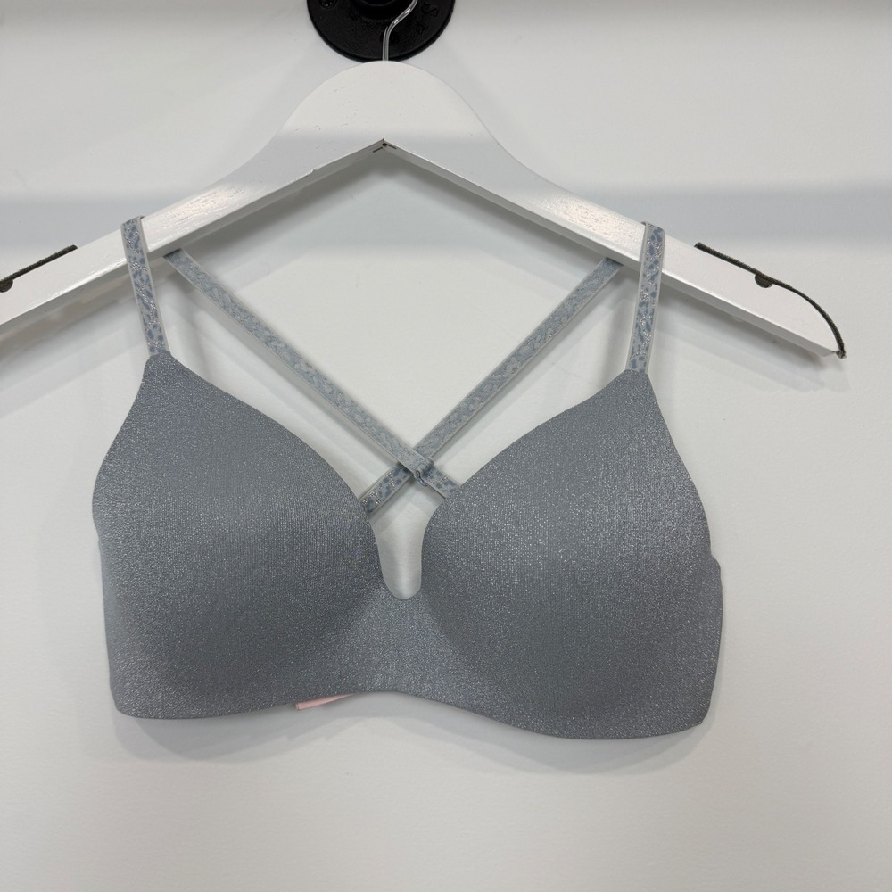 Victoria's Secret Wireless Shimmer Bra Blue Metallic Crisscross Straps 34C